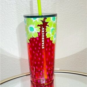 Starbucks New Red Pink Strawberry Glass Tumbler  Cup Tumbler